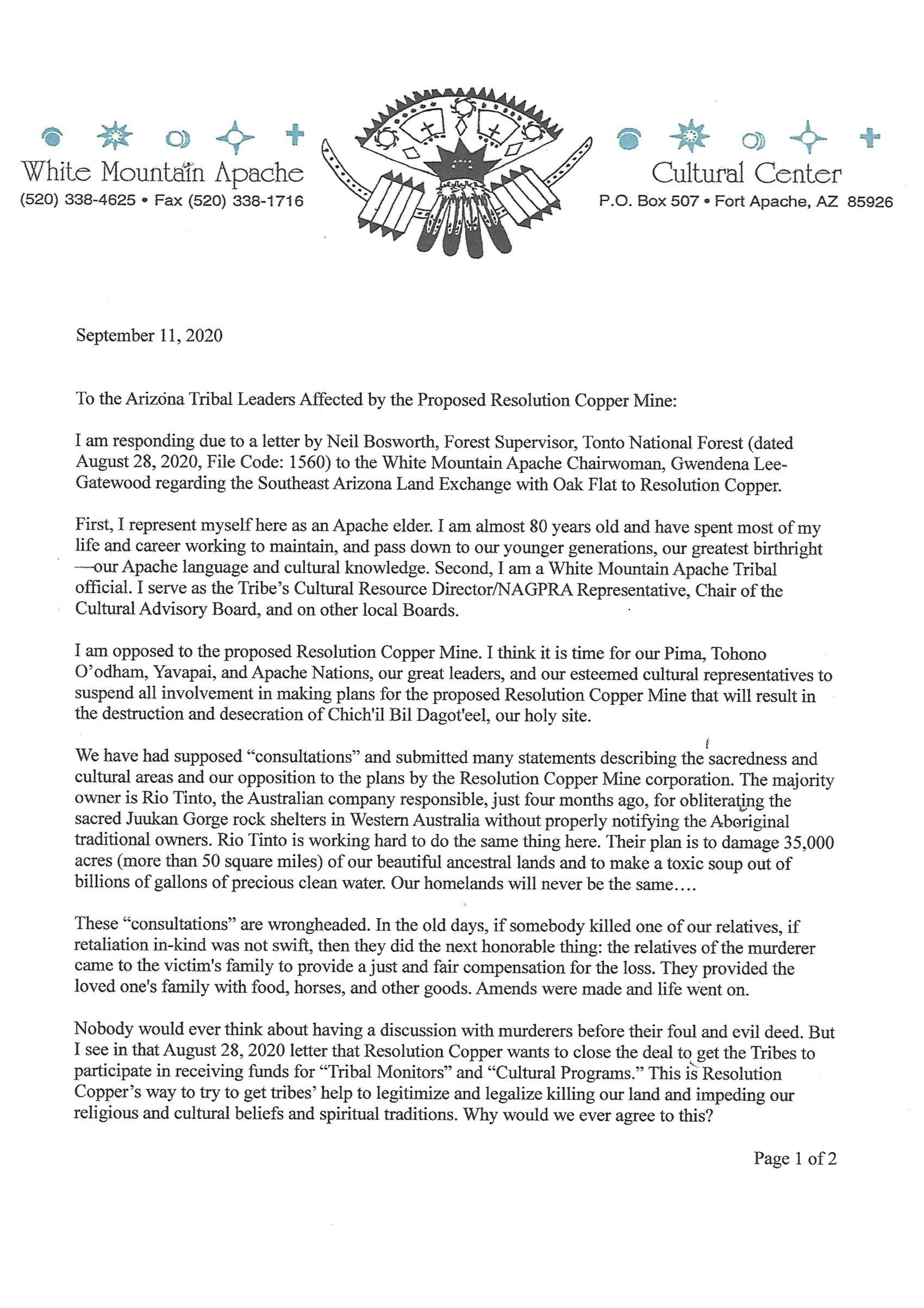 A 20200912 correspondence RAMON RILEY to ARIZONA TRIBAL LEADERS re JUST SAY NO TO RESOLUTION COPPER MINE