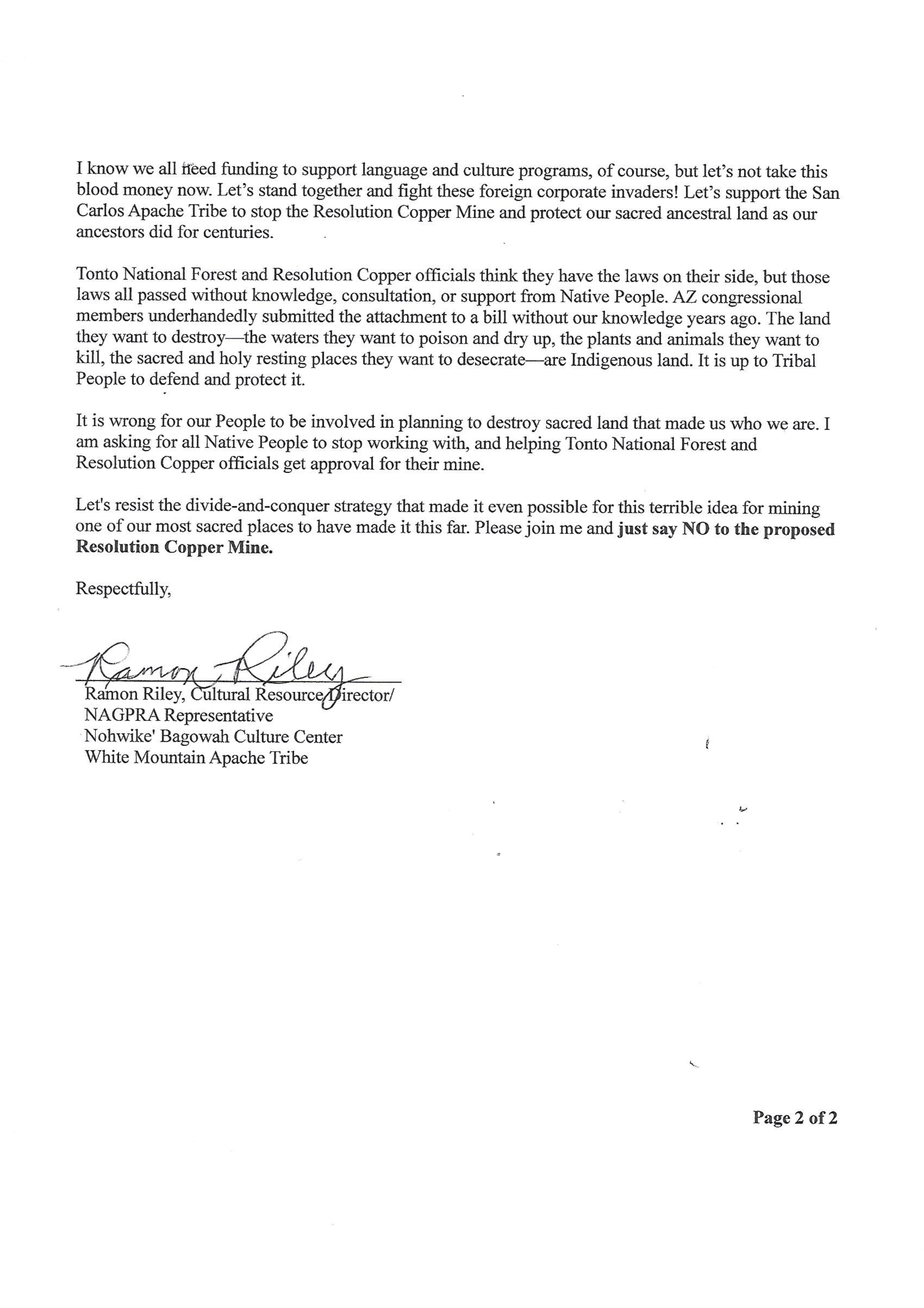 B 20200912 correspondence RAMON RILEY to ARIZONA TRIBAL LEADERS re JUST SAY NO TO RESOLUTION COPPER MINE